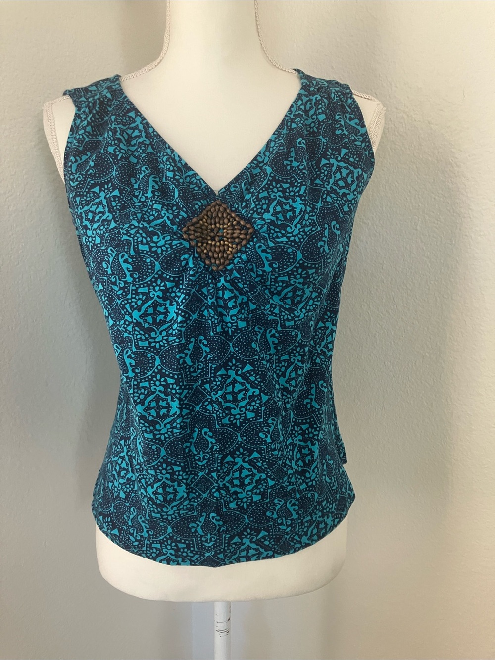 Y2k Sleeveless V-Neck Patterned Tank with Beaded Boho Accent - Teal